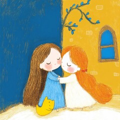Two girls embrace near a yellow building, a small yellow cat sits nearby. Soft colors and gentle illustration style