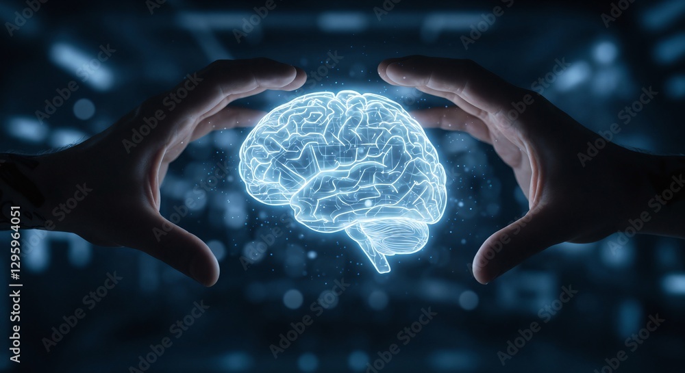 Poster two hands gently cradling a glowing digital brain, detailed and intricate circuitry visible, set aga