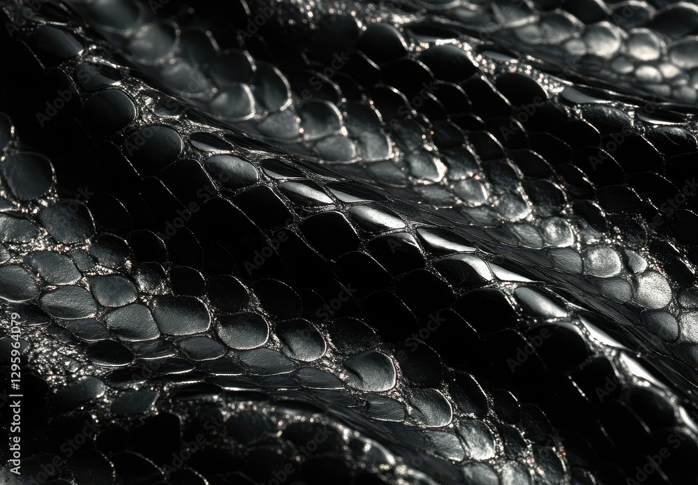 Poster close-up texture of black leather with glossy finish, highlighting the intricate pattern and shiny s