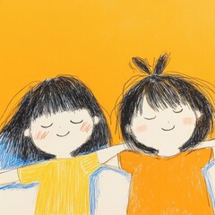 Two girls with dark hair, wearing yellow and orange shirts, lie side by side with eyes closed on a vibrant yellow background. Simple line art style