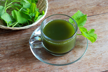 Gotu kola juice drink and fresh organic centella asiatica leaves on table. Healthy herbal drink.