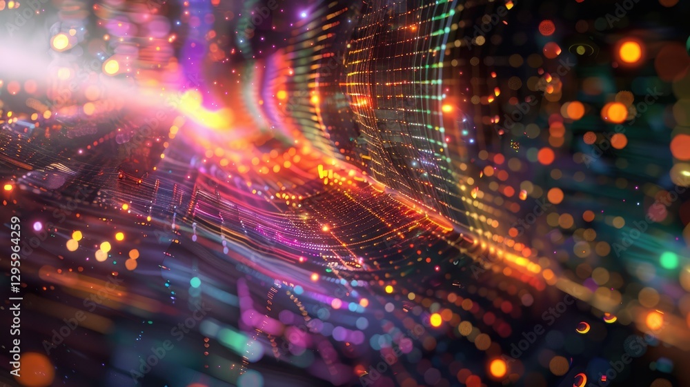 Poster abstract picture micro light sparkling particle represent data flow vivid flowing wave with high tec
