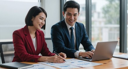Two businesspeople reviewing financial reports on a laptop, concept for business meeting, corporate strategy, financial analysis