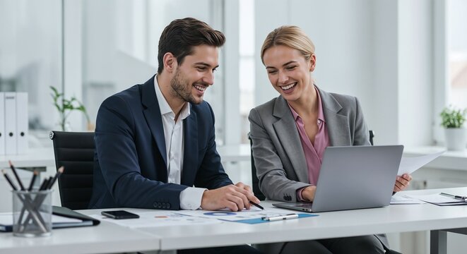 Smiling business colleagues reviewing documents on laptop, concept for modern office teamwork and collaboration - Powered by Adobe