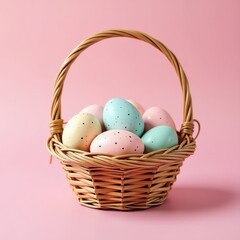 Eastern Day Celebrations: Pink Background Basket of Pastel Speckled Eggs. A basket filled with pastel colored eggs on a pink background.