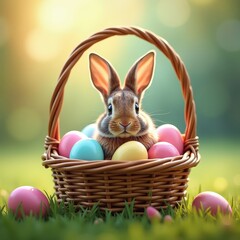 Vibrant Easter Scene: Rabbit Basket of Colorful Eggs Against Soft Green Grass Background. A rabbit sits in a basket filled with colorful eggs.
