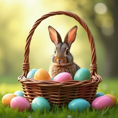 Vibrant Easter Scene Wallpaper: Rabbit Basket Full of Colorful Eggs Against Lush Green Background   Resolution. A rabbit sits in a basket filled with colorful eggs.