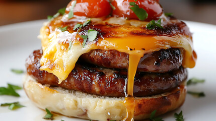 Delicious burger with fried egg and tomato on plate, closeup
