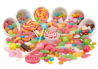 Isolated Colorful Candies and Lollipops in White Bowls