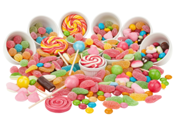 Isolated Colorful Candies and Lollipops in White Bowls