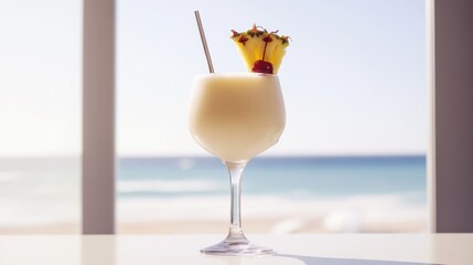 Experience tropical flavors with a non alcoholic piña colada served in a coconut shell alongside the serene beach views of a sunny paradise