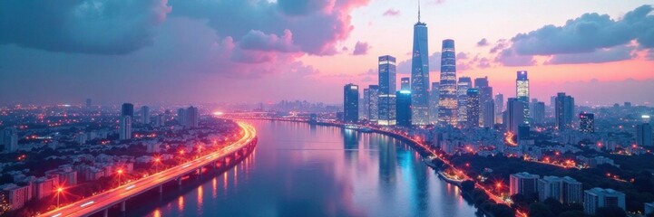 Naklejka premium futuristic cityscape at dusk with towering skyscrapers and neon lights reflecting off a sleek white background, sky, futuristic, white