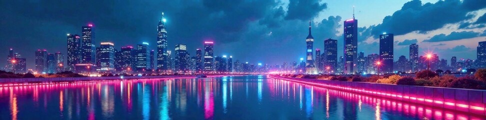 Obraz premium Futuristic cityscape at night with neon lights reflecting off a sleek white background, modernity, technology, architecture