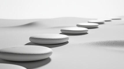 Minimalist White Pebbles Arranged In A Flowing Pathway On A Smooth Monochrome Surface