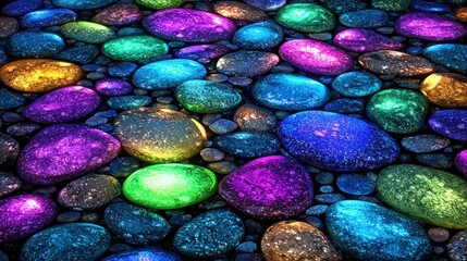 Glowing Multicolored Pebbles With Luminescent Reflections In A Vibrant Abstract Composition