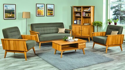 Modern Cozy Living Room Furniture Arrangement Featuring Wooden Sofas and Green Accents