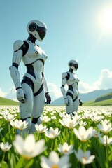 Futuristic robots standing in a field of gleaming white flowers, flowers, robots, technology