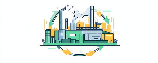 Naklejka premium Illustrated factory with arrows symbolizing environmental sustainability and recycling