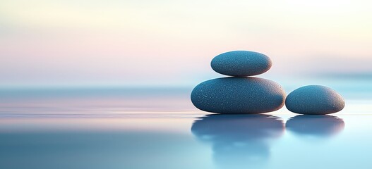 Serene Stack Of Smooth Pebbles Reflecting On Calm Water Under A Soft Pastel Sky