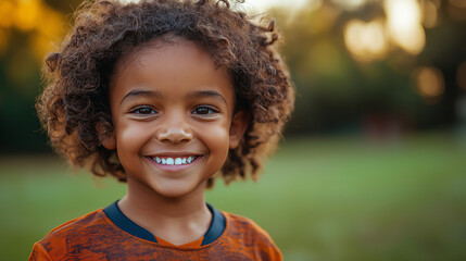 A young child with curly hair beams with a wide smile, enjoying a moment of pure happiness in a sunlit park. The warm sunset casts a golden glow on the surrounding grass