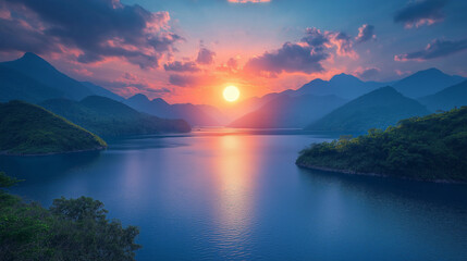 Fototapeta premium A tranquil lake reflects the vibrant colors of a sunset as the sun sinks below the horizon. Towering mountains create a stunning backdrop, enhancing the peace of this natural paradise