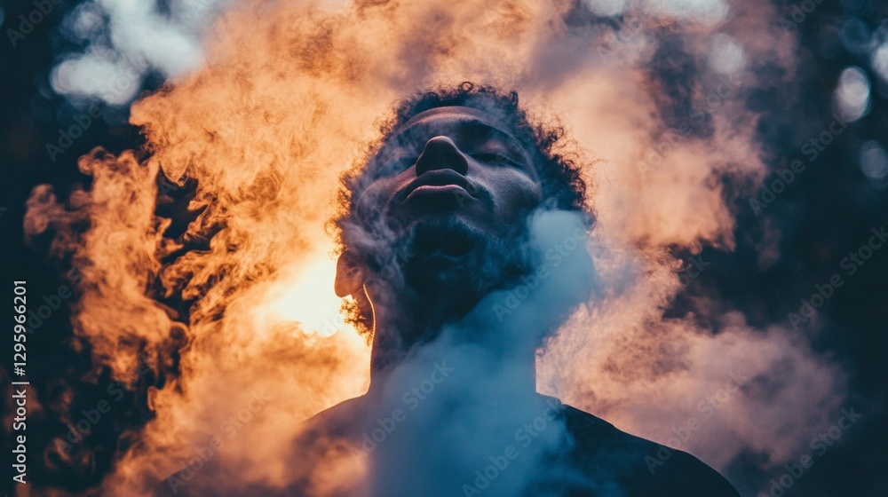 Poster a figure stands with a serene expression, enveloped in atmospheric smoke that contrasts against the 