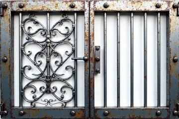 Fototapeta premium Gate pattern with alloy steel texture on white background, steel gate, door and window frame, metallic