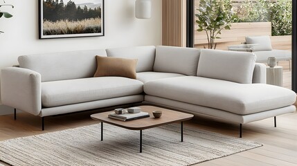 Contemporary Living Room Featuring A Cozy L-Shaped Sofa And Wooden Coffee Table With Natural Light