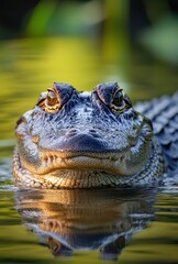 Fototapeta premium Close-Up View of a Alligator Smiling and Swimming in the Calm Waters Surrounded by Lush Vegetation During Golden Hour with Soft Light Reflections