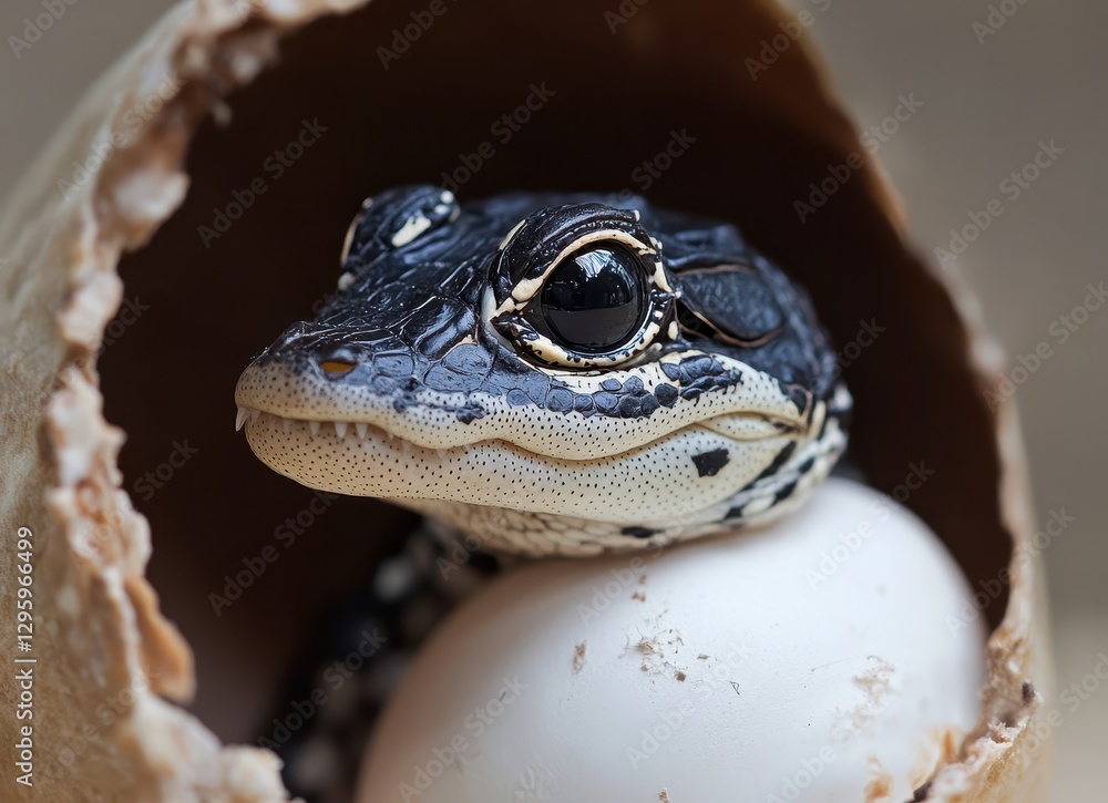 Poster close-up view of a black and white frog emerging from an eggshell with a natural background displayi