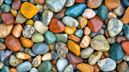 Colorful Polished River Stones In Shades Of Green, Orange, Red, And Blue With Natural Textures
