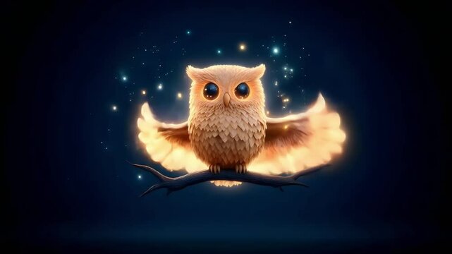 A glowing cute owl with outstretched wings perches on a branch in a magical night scene. Surrounded by sparkling lights, the owl radiates an enchanting and mystical aura.