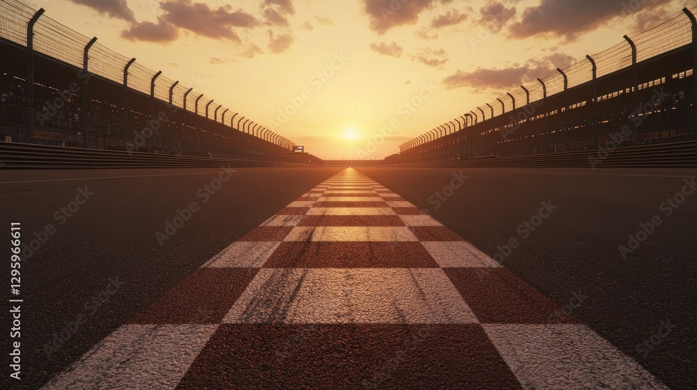 Poster sunset over racing track with checkered flag markings in foreground