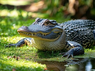 Obraz premium Close-Up View of a Black and Grey Alligator in Natural Habitat Surrounded by Green Vegetation and Water on a Bright Sunny Day