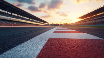 Sunset Over Racing Track with Markings and Empty Grandstands