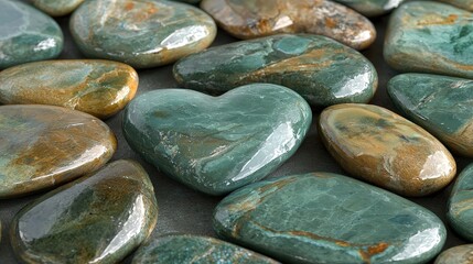 Polished Green And Brown Stones With A Unique Heart-Shaped Rock In The Center