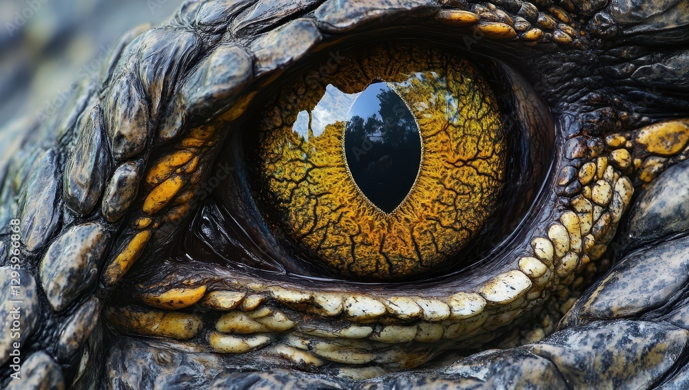 Poster close-up view of a captivating reptilian eye with intricate textures and vivid colors showcasing the