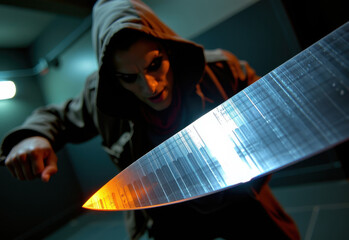 Mysterious Figure Holding a Blade with the Word Risk Illuminated