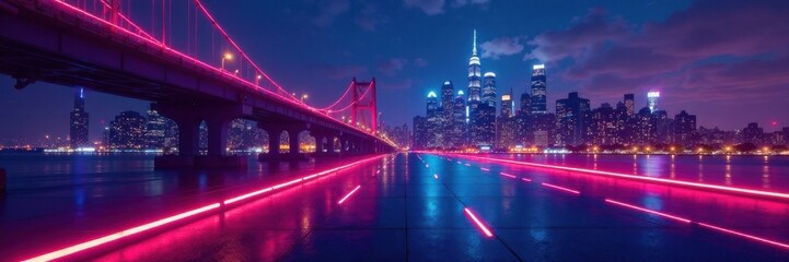 Fototapeta premium Geometric abstraction against neon-lit cityscape, technology, neon, abstract