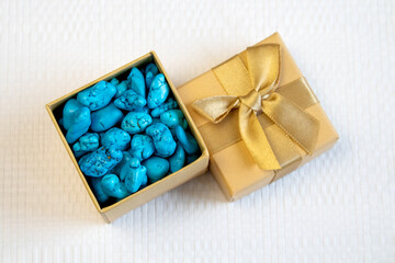 Turquoise jewel gemstones macro close up, group of objects Narrow focus line, shallow depth of field