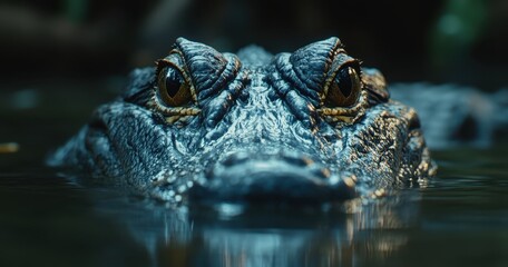 Close-Up View of a Crocodile Emerged in Water, Showcasing Scales, Eyes, and Texture in Natural Habitat Setting with Calm Surroundings