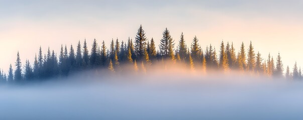 Tall coniferous trees rise above a thick blanket of fog
