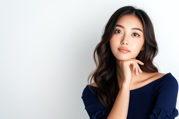 Fototapeta premium A korean woman in her thirties with short hair, wearing navy blue and standing upright against a white background, appears to be deep in thought, with one hand on her chin and a calm expression
