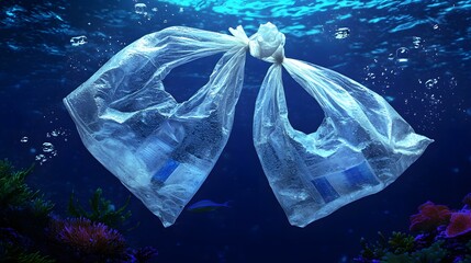 Fototapeta premium Dramatic Underwater Scene of Plastic Bags Floating Amidst Colorful Coral Reefs in the Ocean