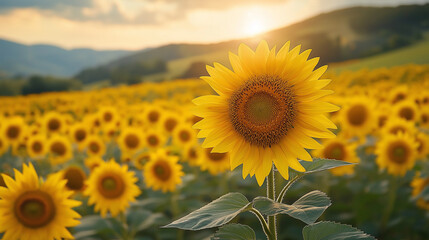 Obraz premium Golden sunflowers stretch towards the horizon, illuminated by the warm hues of sunset. Rolling hills create a picturesque backdrop, showcasing nature's tranquil charm