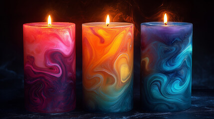 Three uniquely colored candles, swirling with vivid hues, illuminate a dark atmosphere. Each candle's flame flickers gently, casting soft shadows and a sense of serenity