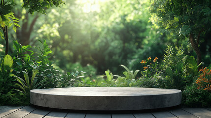 A beautifully crafted stone platform is surrounded by lush greenery and vibrant flowers, basking in the gentle glow of morning light, perfect for performances or meditative moments