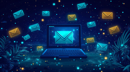 A laptop sits at the center, surrounded by floating envelopes in vibrant hues of blue and gold