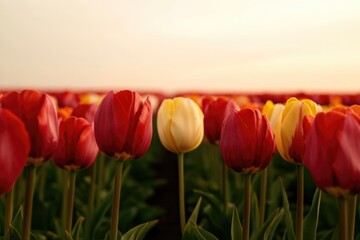 Colorful tulips bloom under golden sunset, showcasing vibrant hu