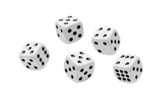 Isolated Group of Five White Dice with Black Spots